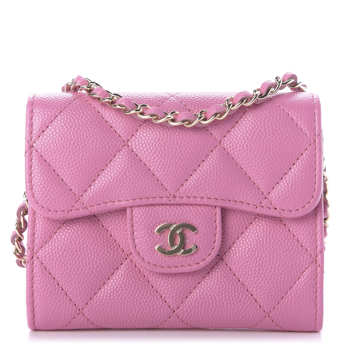 Caviar Quilted Flap Card Holder On Chain Pink