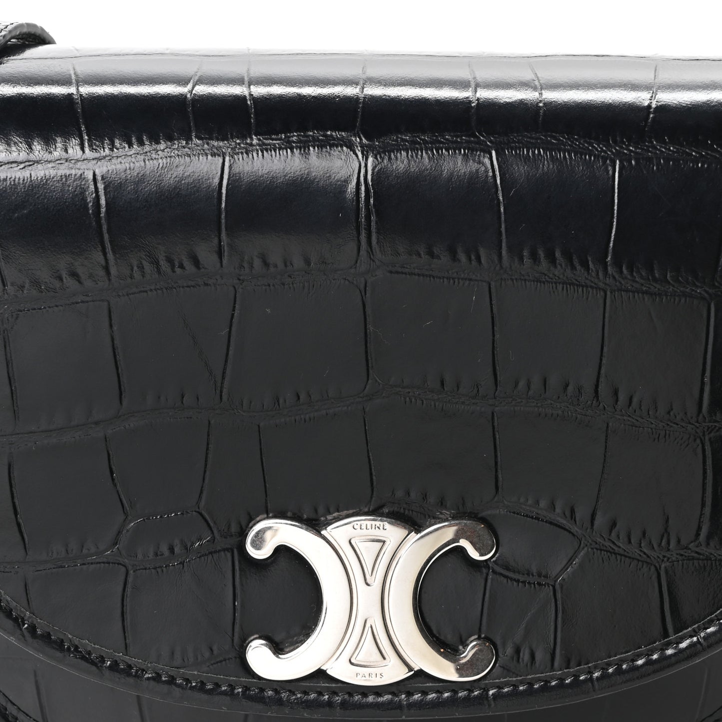 Calfskin Crocodile Embossed Medium Triomphe Besace Black