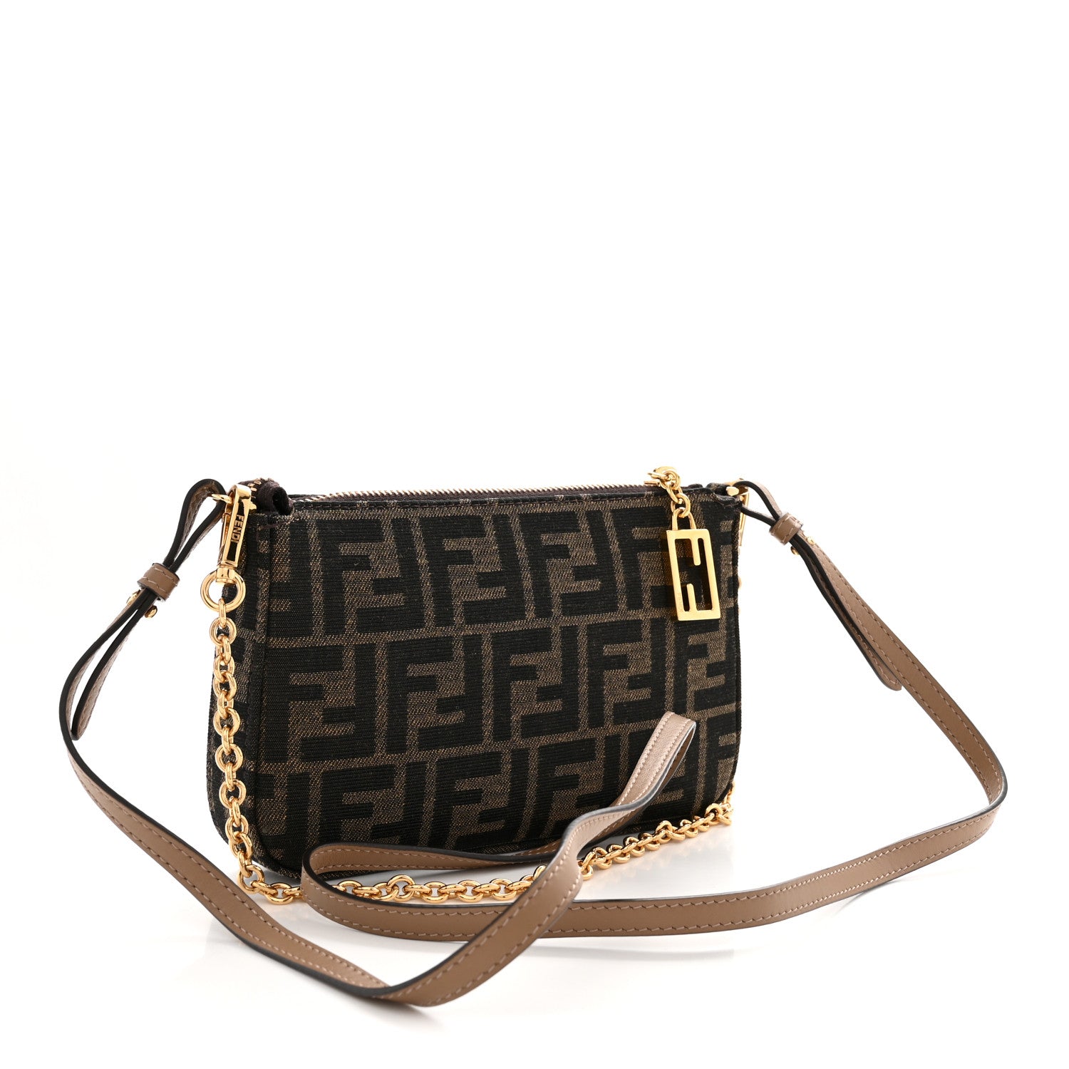 Fendi Fabric Jacquard Vitello Grace FF 1974 Baguette Pouch Tobacco Moro Sand 3 of 10