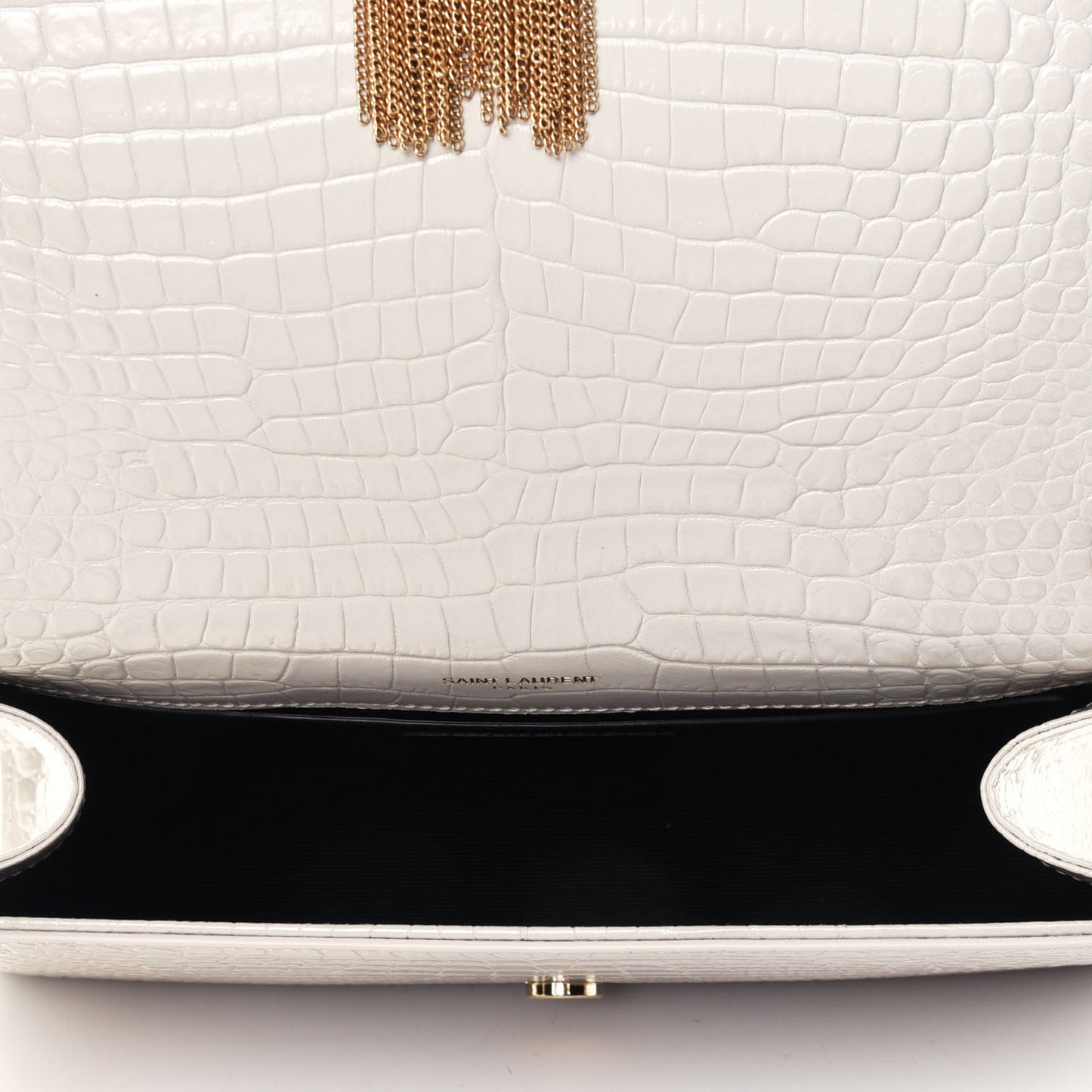 Calfskin Crocodile Embossed Medium Classic Monogram Kate Tassel Satchel Crema Soft