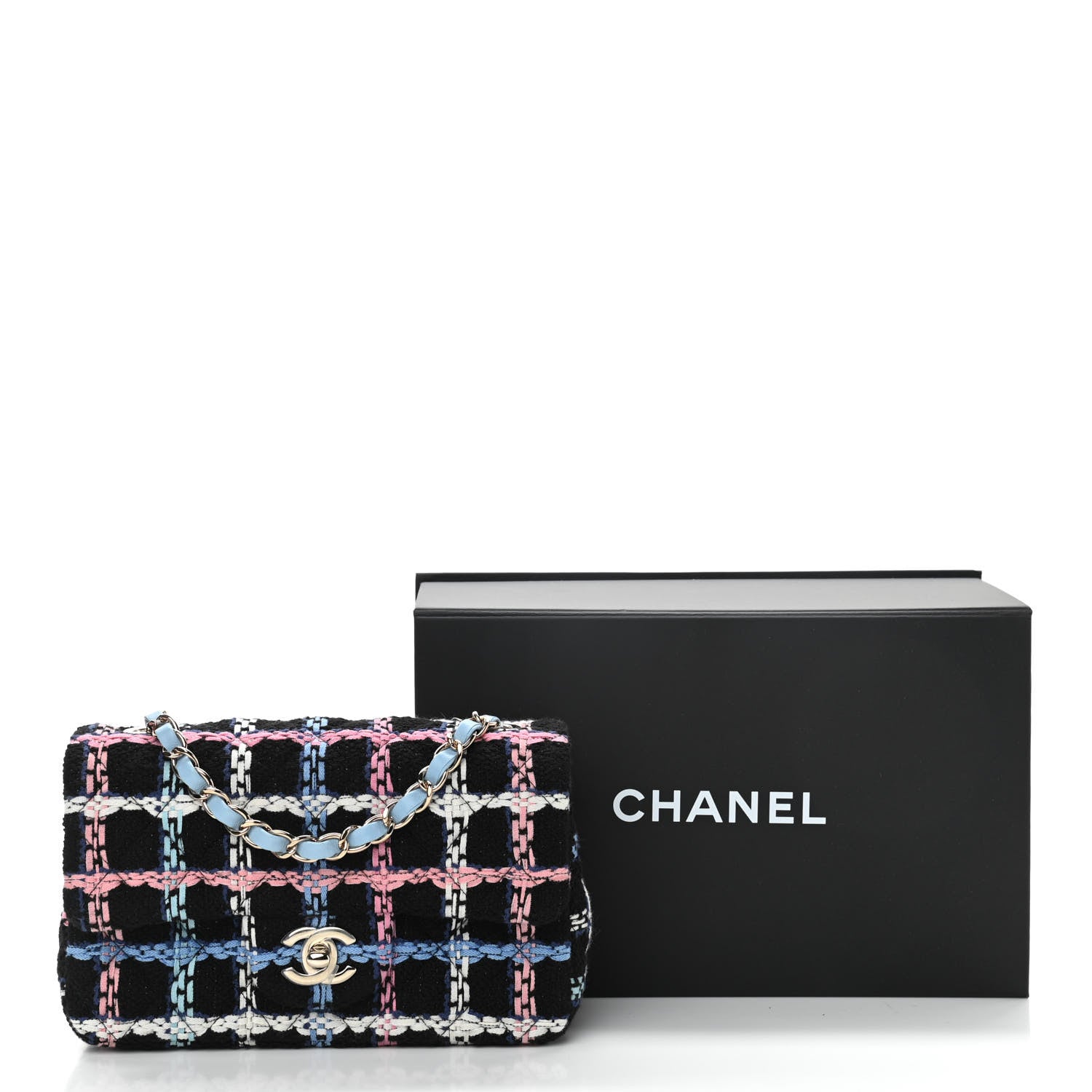 Chanel Tweed Quilted Mini Rectangular Flap Black Pink Blue Ecru 11 of 11