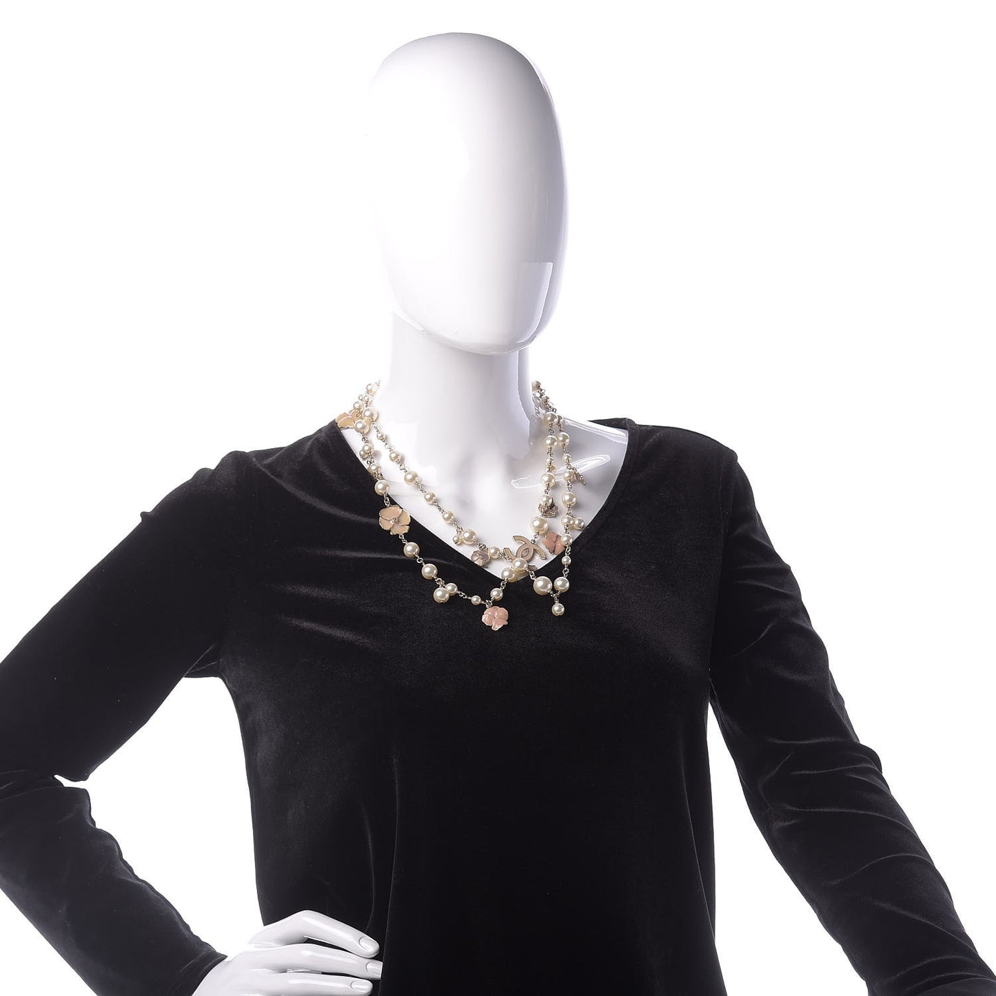Pearl Crystal Flower CC Long Necklace Golden Pearly White