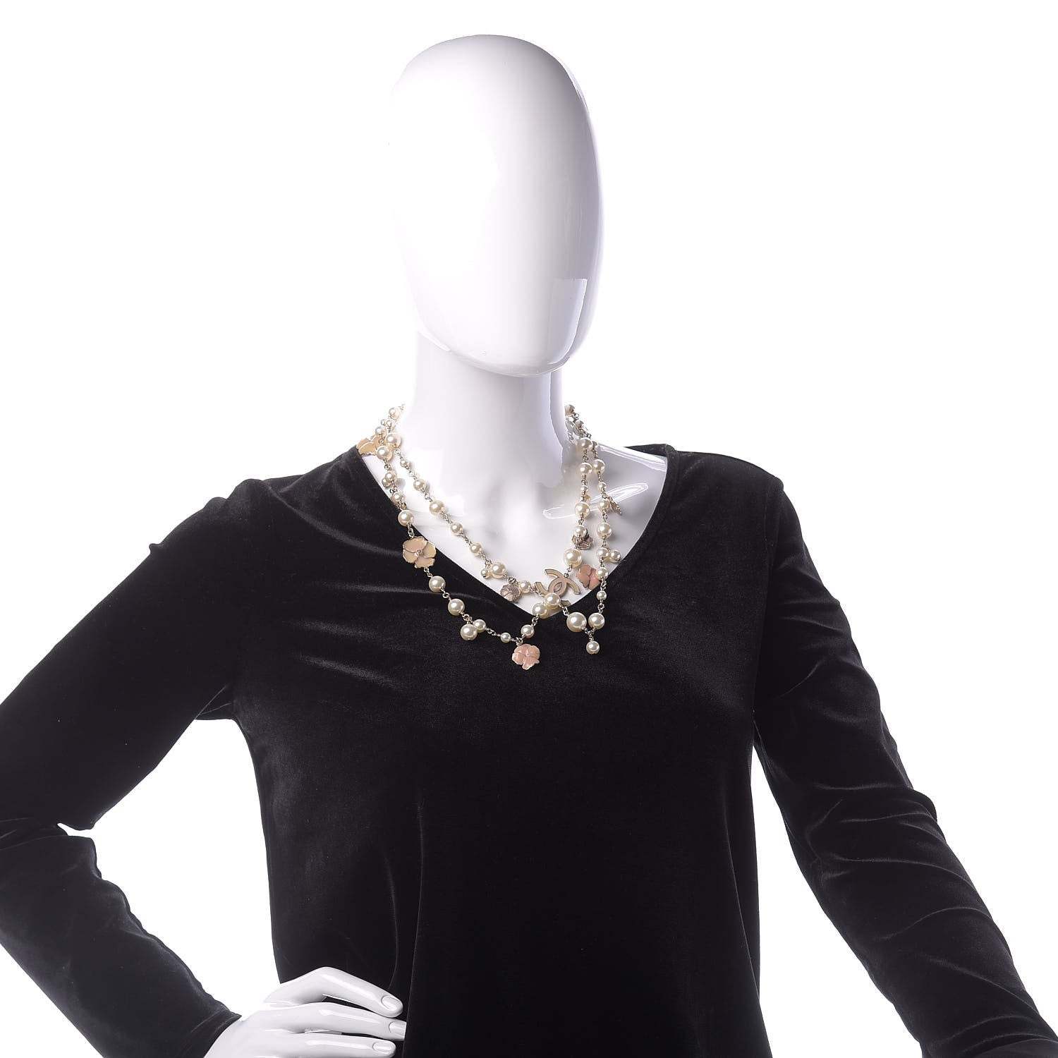Chanel Pearl Crystal Flower CC Long Necklace Golden Pearly White 2 of 7