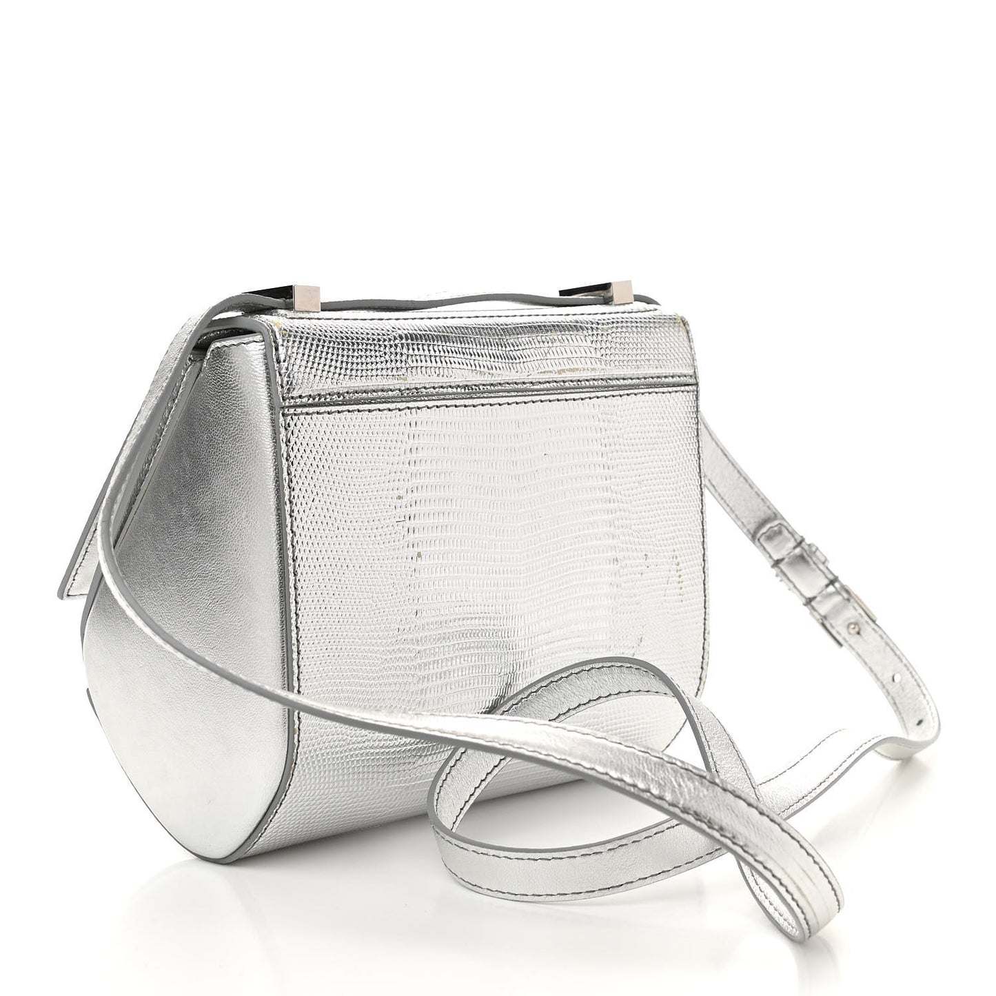 Metallic Calfskin Lizard Embossed Mini Pandora Box Crossbody Bag Silver