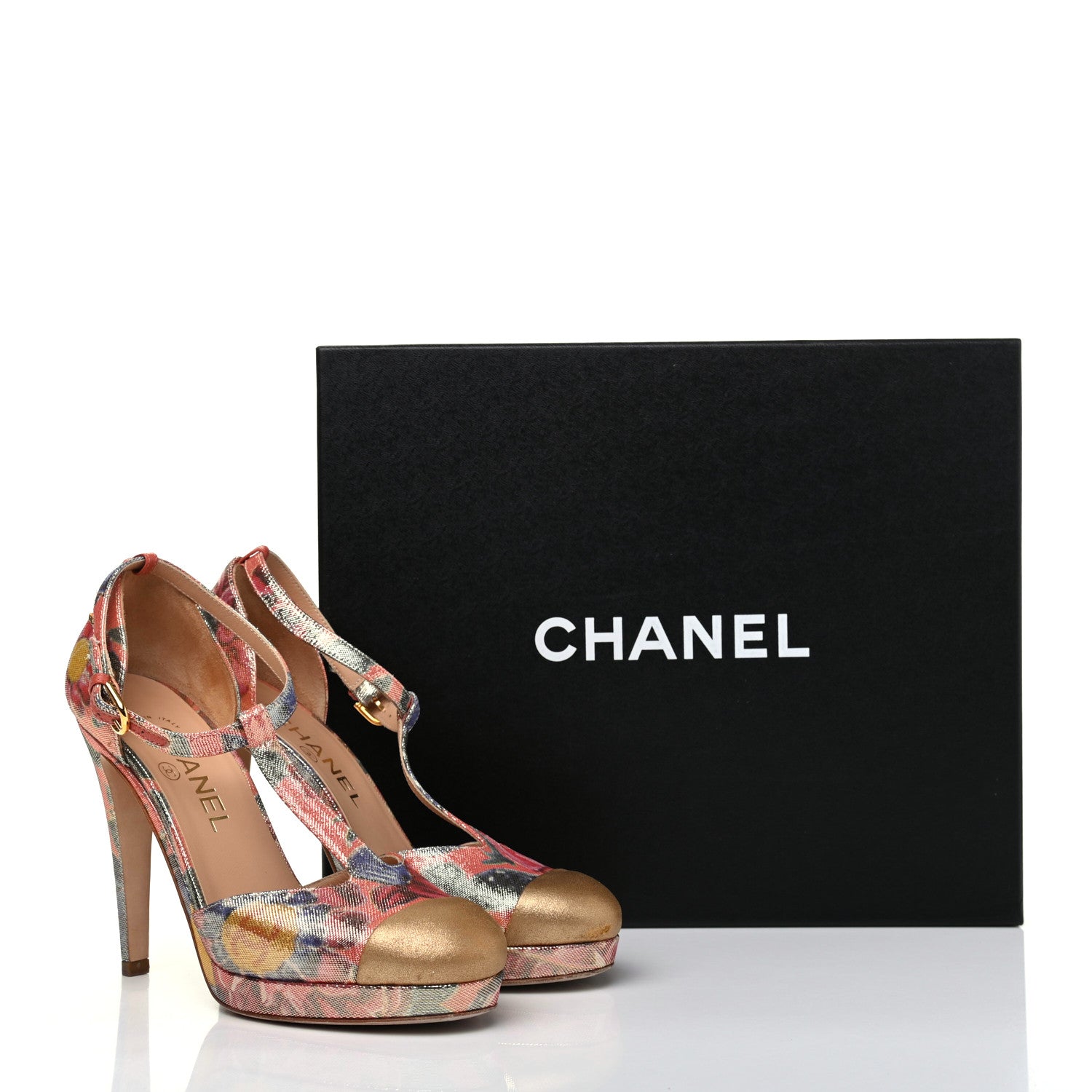 Chanel Crepe Calfskin Floral Printed Metallic Calfskin Cap Toe CC Ankle Strap Pumps 36.5 Coral Gold 13 of 13