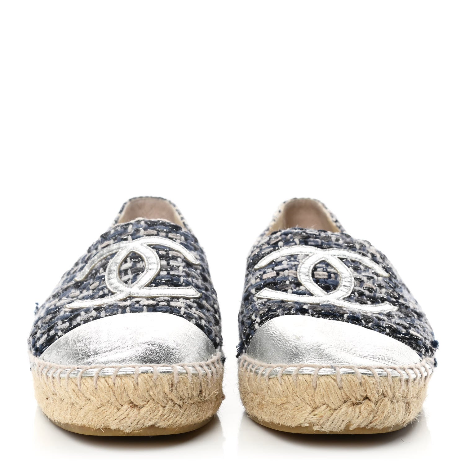 Chanel Metallic Tweed Lambskin CC Espadrilles 38 Blue Black Silver 2 of 11
