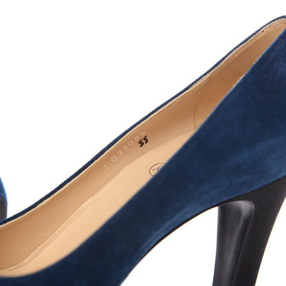 Chanel Suede Satin Cap Toe Gabrielle Pumps 37 Navy Black 8 of 10