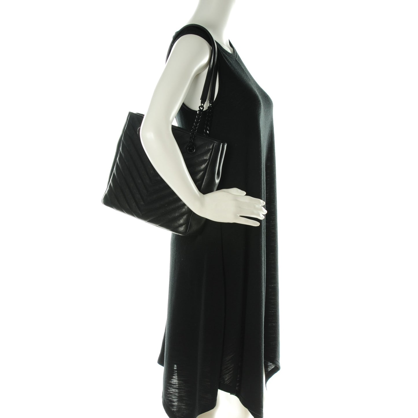 Sheepskin Matelasse Chevron Small Monogram Shopping Bag Black