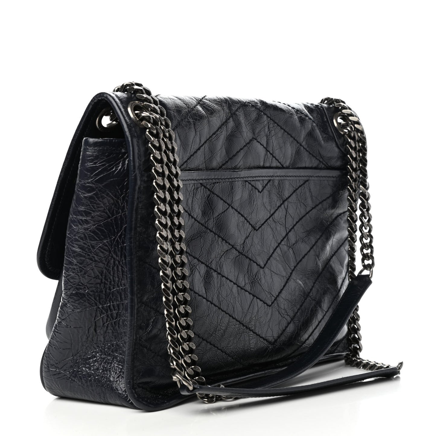 Crinkled Calfskin Matelasse Monogram Medium Niki Chain Satchel Deep Marine