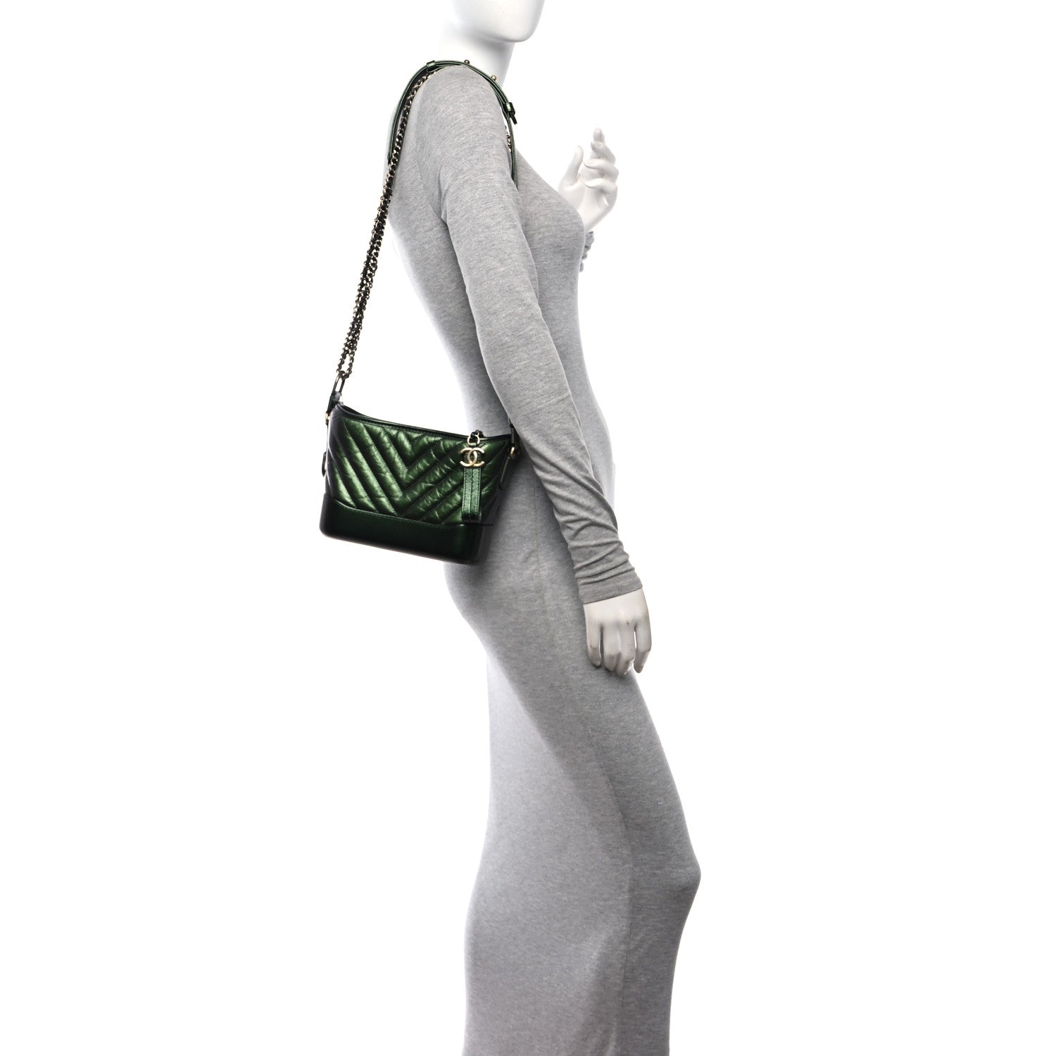 Chanel Metallic Aged Calfskin Chevron Quilted Small Gabrielle Hobo Green 2 of 11