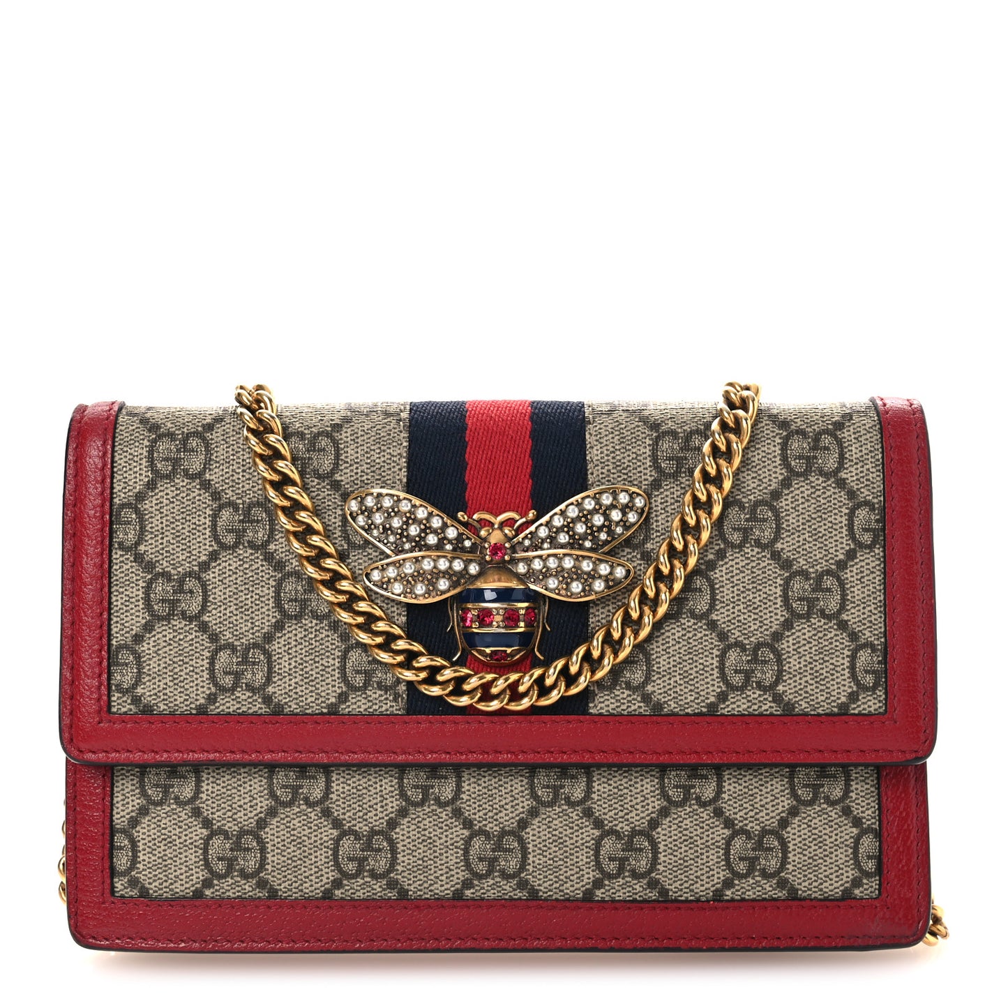 GG Supreme Monogram Web Queen Margaret Chain Wallet Red