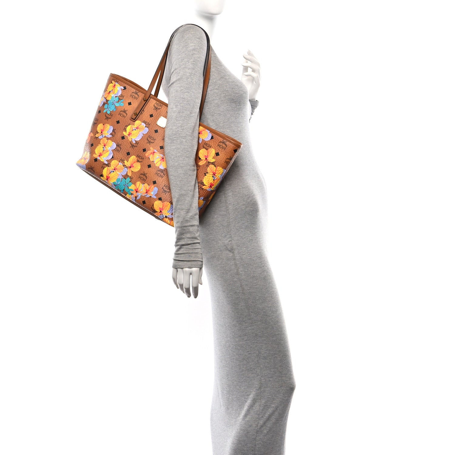 MCM Visetos Floral Print Medium Essential Zip Top Shopper Tote Cognac 2 of 11