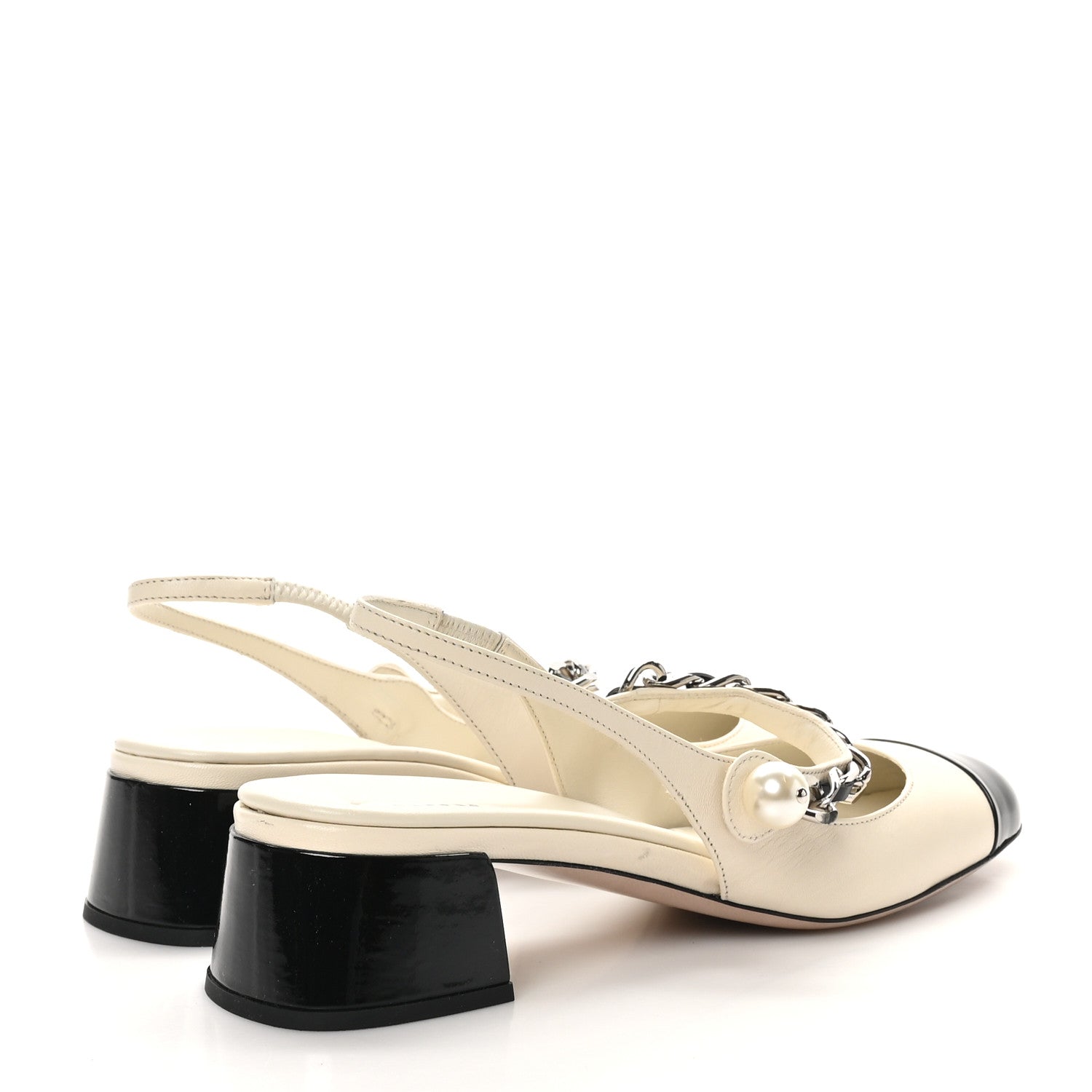 Miu Miu Patent Calfskin Chain Pearl Slingback Pumps 37.5 Ivory Black 5 of 10
