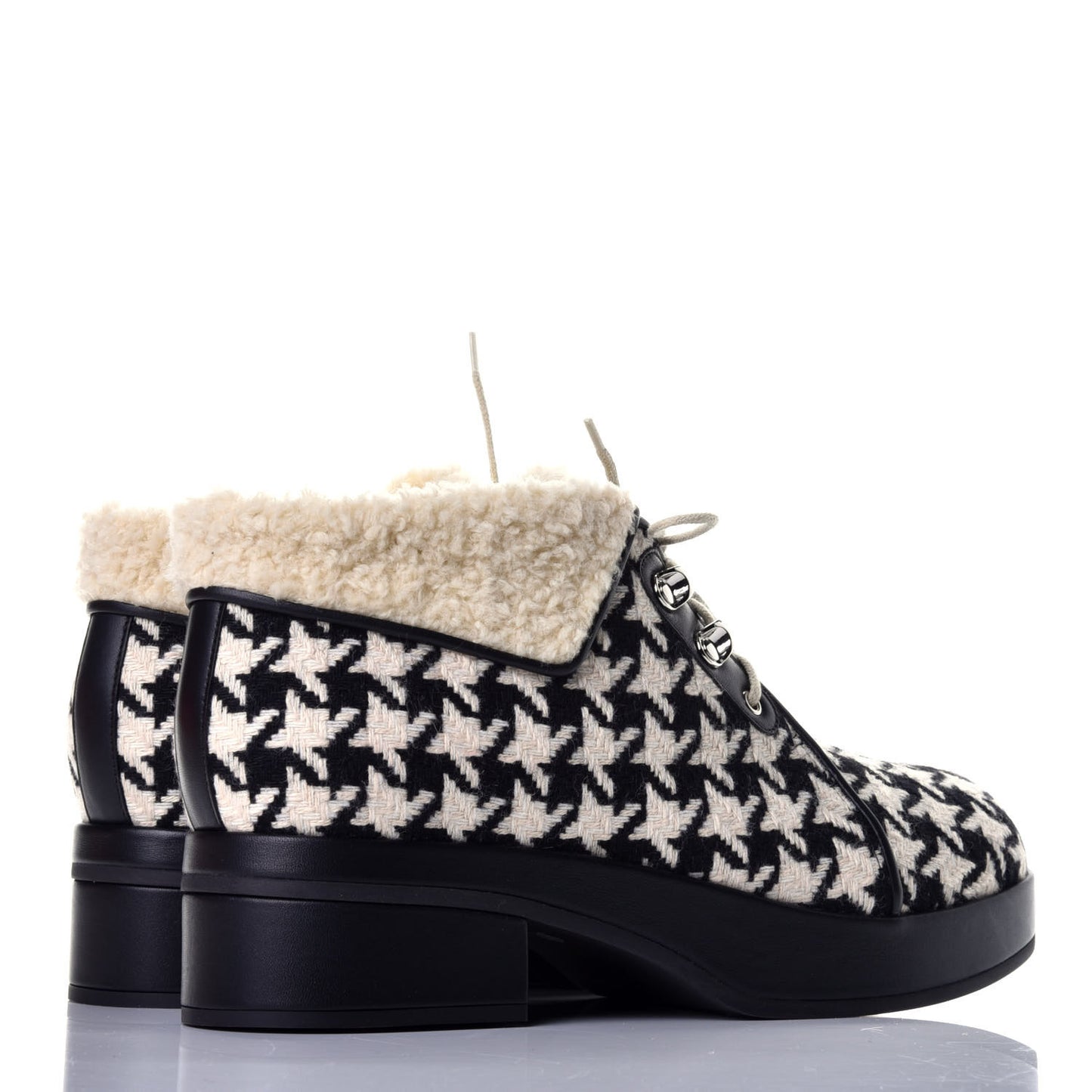 Optical Tweed Faux Shearling Houndstooth Victor Lace Up Ankle Boots 39.5 White Black