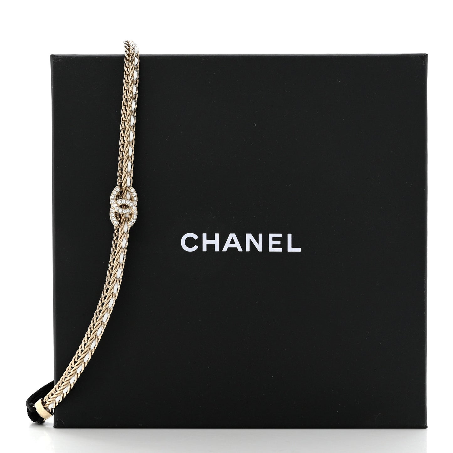 Metal Lambskin Crystal CC Chain Tie Headband Gold White