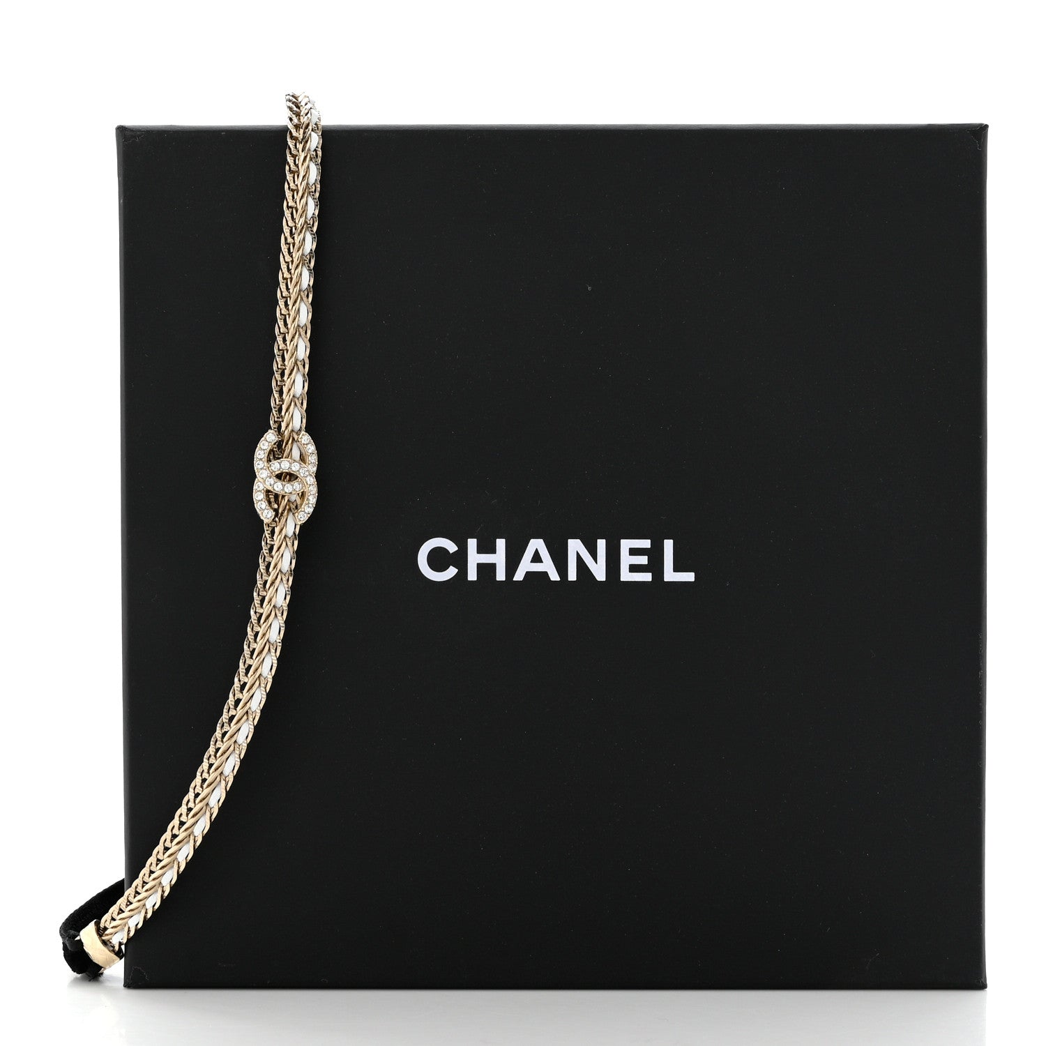 Chanel Metal Lambskin Crystal CC Chain Tie Headband Gold White 4 of 4