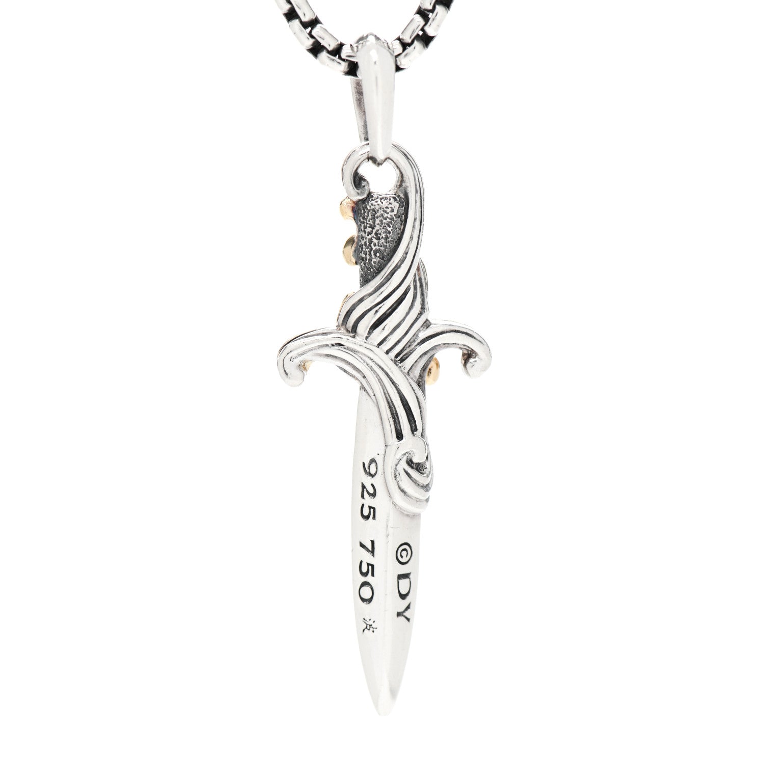 David Yurman Sterling Silver 18K Yellow Gold Black Diamond Waves Dagger Amulet Pendant Necklace 4 of 5