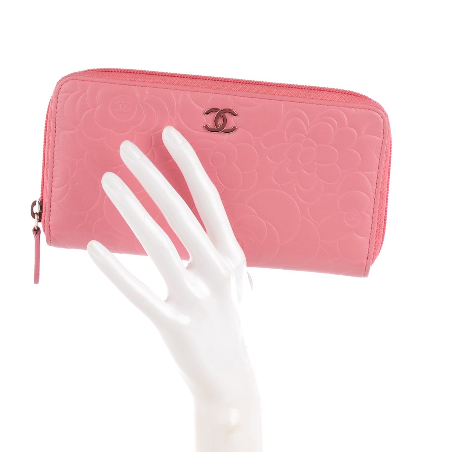 Lambskin Camellia Embossed Zip Around Large Gusset Wallet Pink