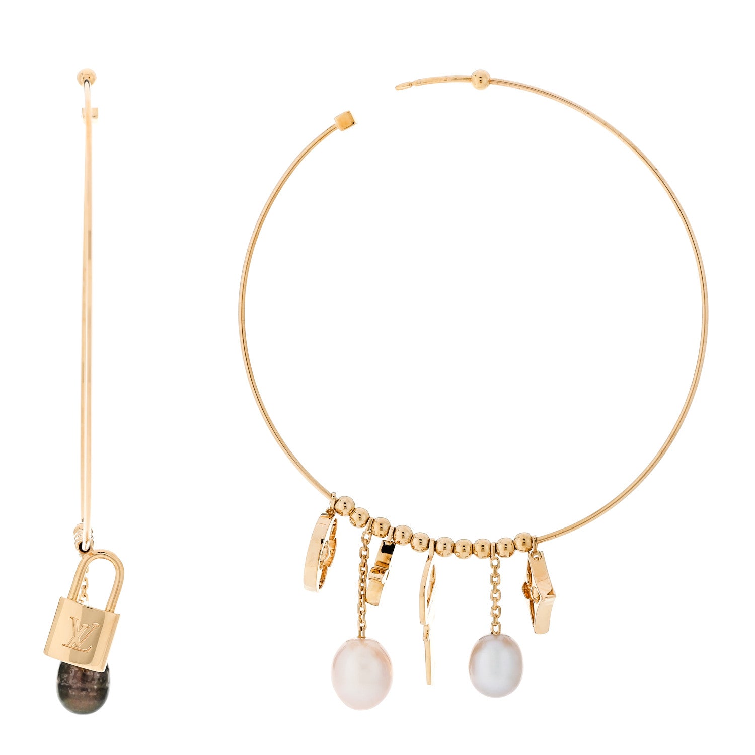 Louis Vuitton 18k Yellow Gold Cultured Pearl Monogram Hoop Earrings 1 of 6