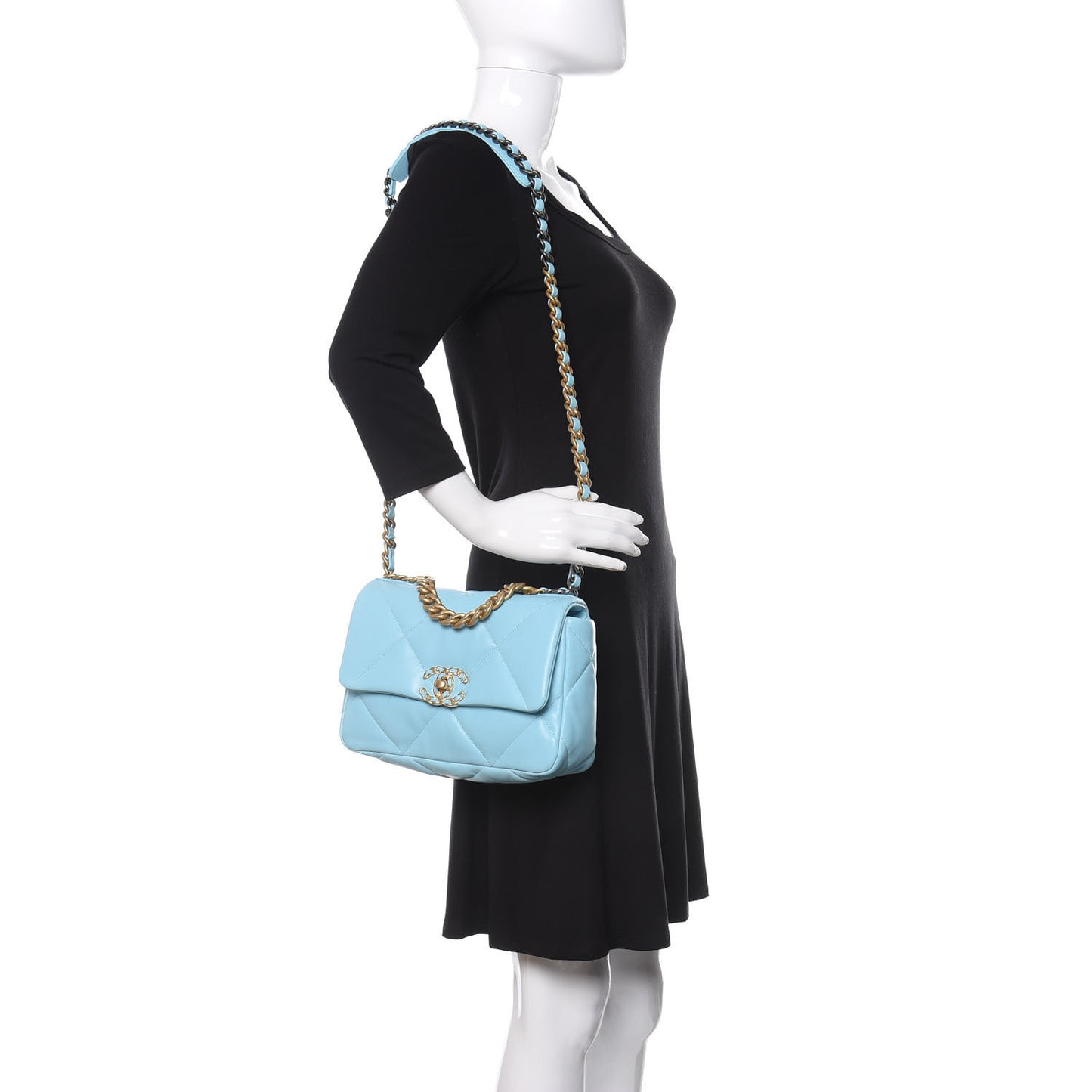 Shiny Lambskin Quilted Medium Chanel 19 Flap Light Blue