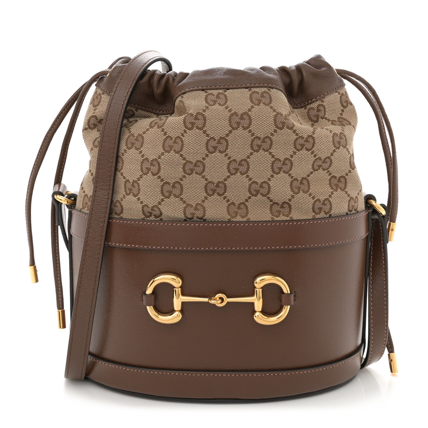 Monogram Textured Calfskin Horsebit 1955 Drawstring Bucket Bag Beige Brown Sugar