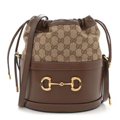 Gucci Monogram Textured Calfskin Horsebit 1955 Drawstring Bucket Bag Beige Brown Sugar 1 of 11
