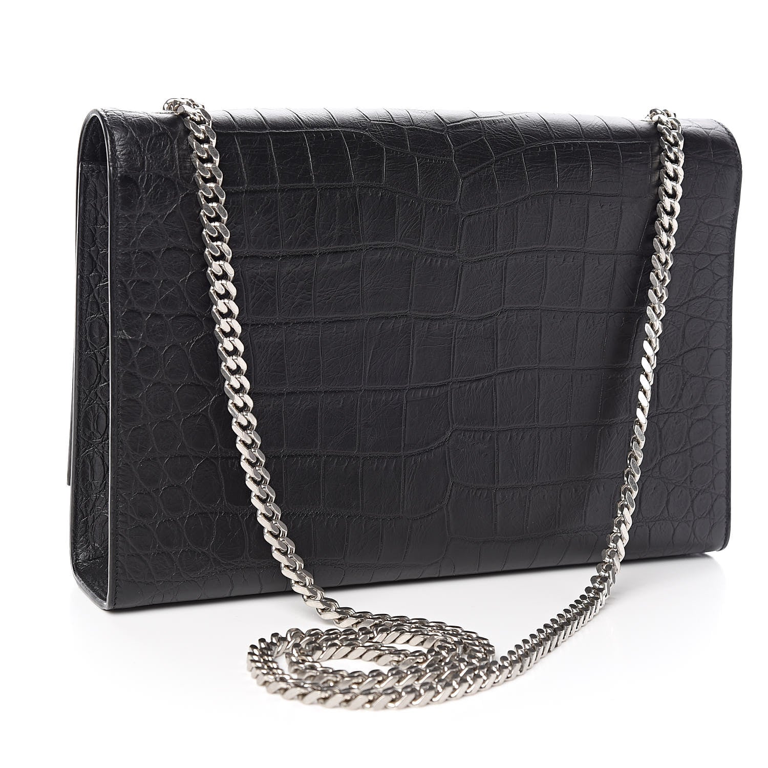 Saint Laurent Calfskin Crocodile Embossed Large Classic Monogram Kate Satchel Black 3 of 10