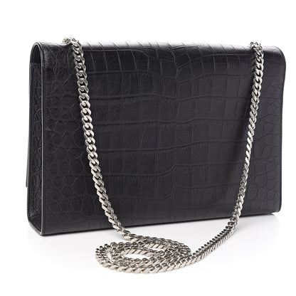 Saint Laurent Calfskin Crocodile Embossed Large Classic Monogram Kate Satchel Black 3 of 10