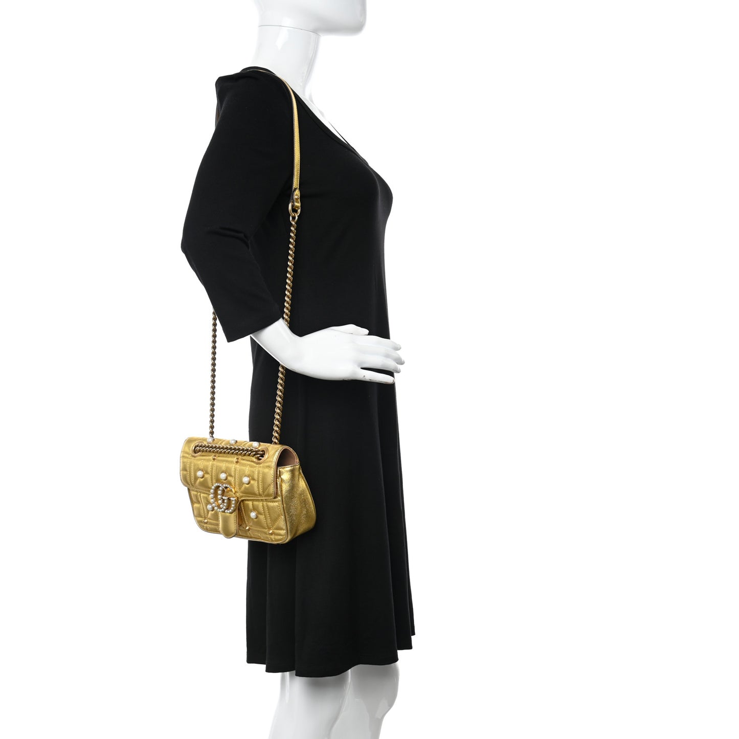 Metallic Calfskin Matelasse Studded Mini Pearly GG Marmont Shoulder Bag Gold