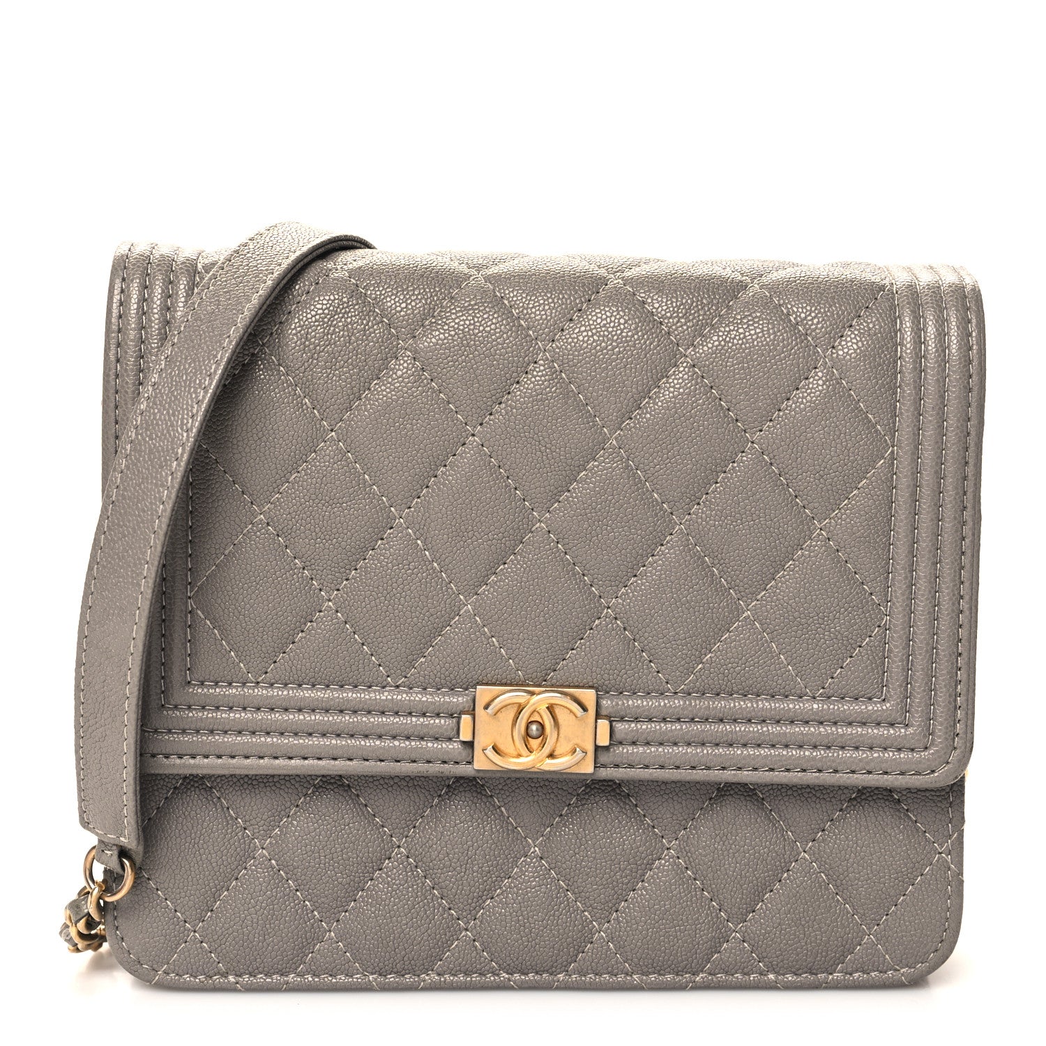 Chanel Caviar Quilted Boy Square Wallet on Chain WOC Grey 1 of 11