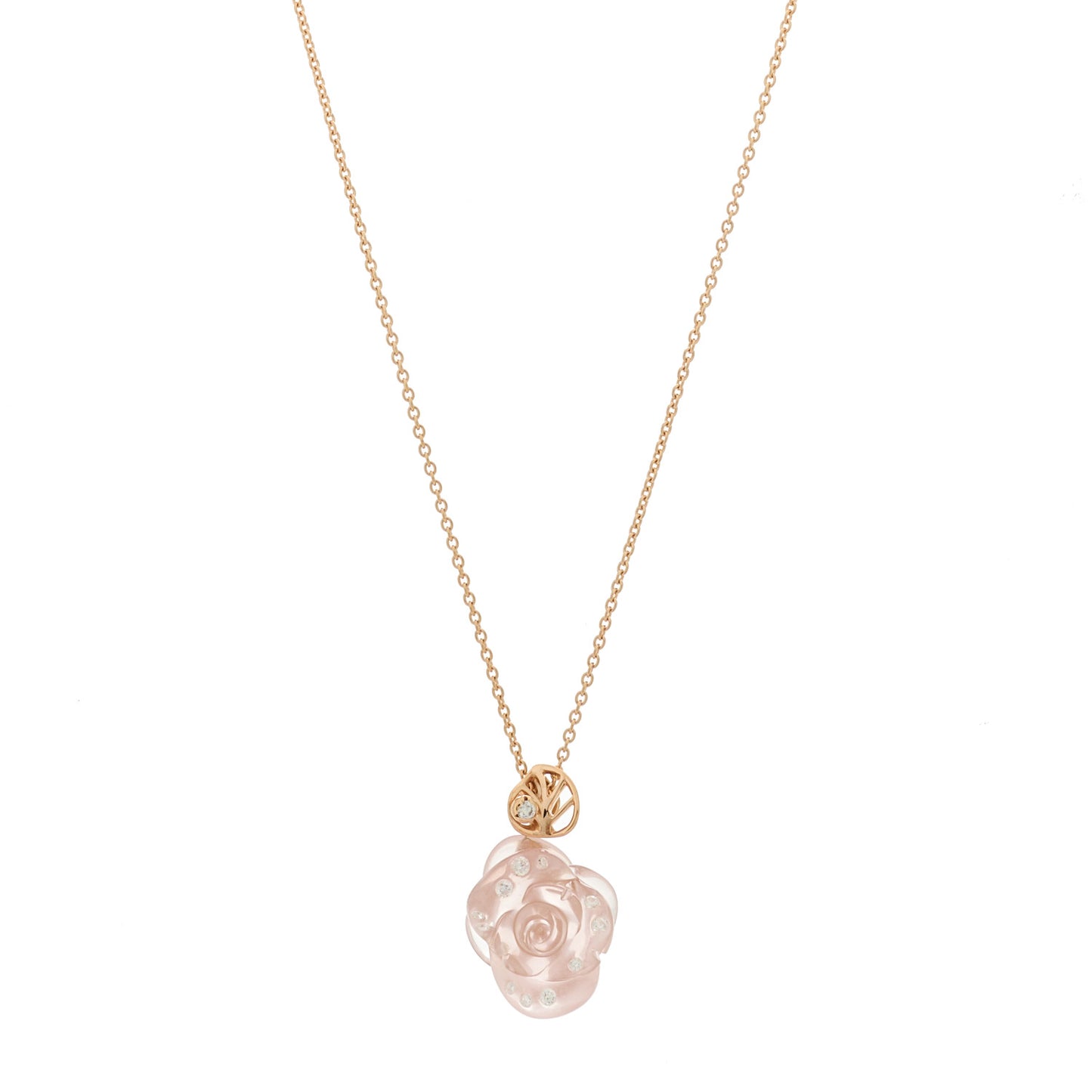 18K Rose Gold Diamond Rose Quartz Pre Catelan Pendant Necklace