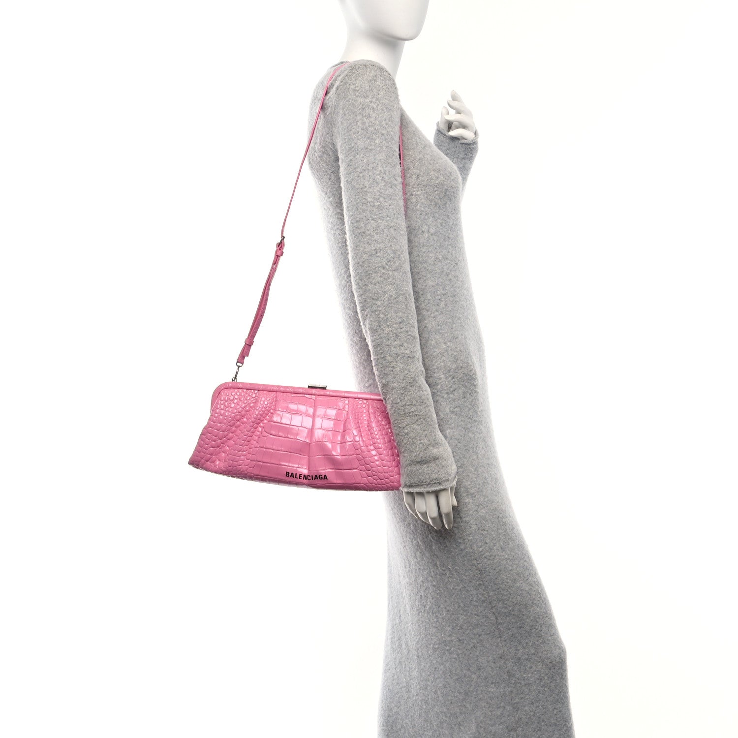 Balenciaga Shiny Supple Calfskin Logo Crocodile Embossed XL Cloud Clutch Pink 2 of 9