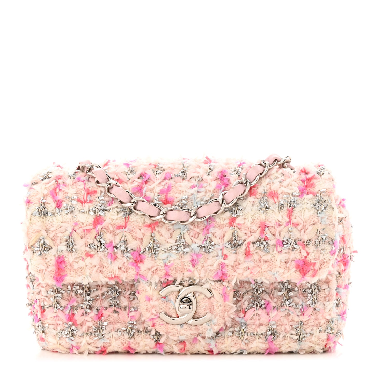 Tweed Quilted Mini Rectangular Flap Light Pink Silver Blue
