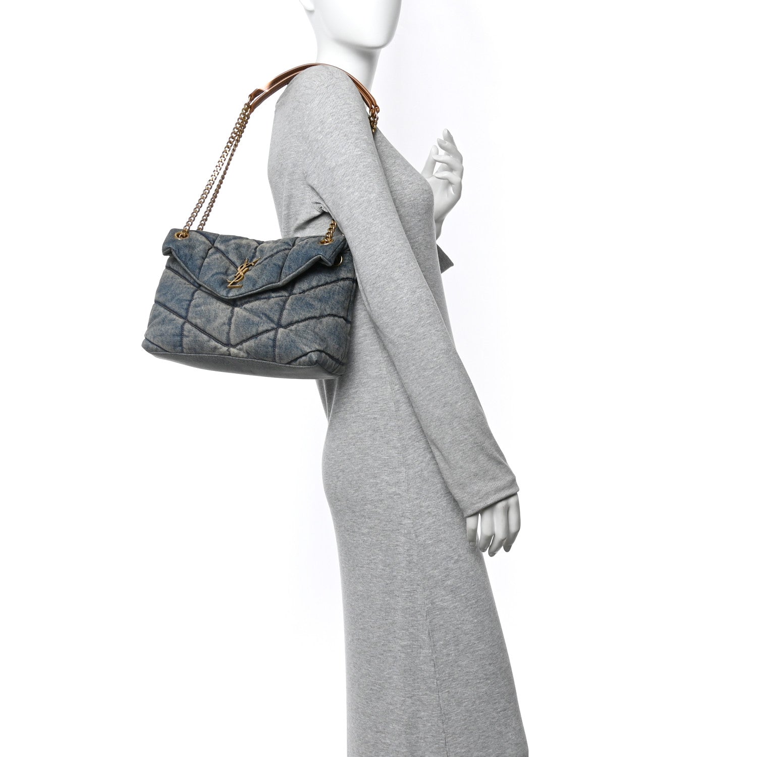 Saint Laurent Denim Quilted Small Loulou Puffer Monogram Chain Satchel Blue Cinnamon 2 of 10