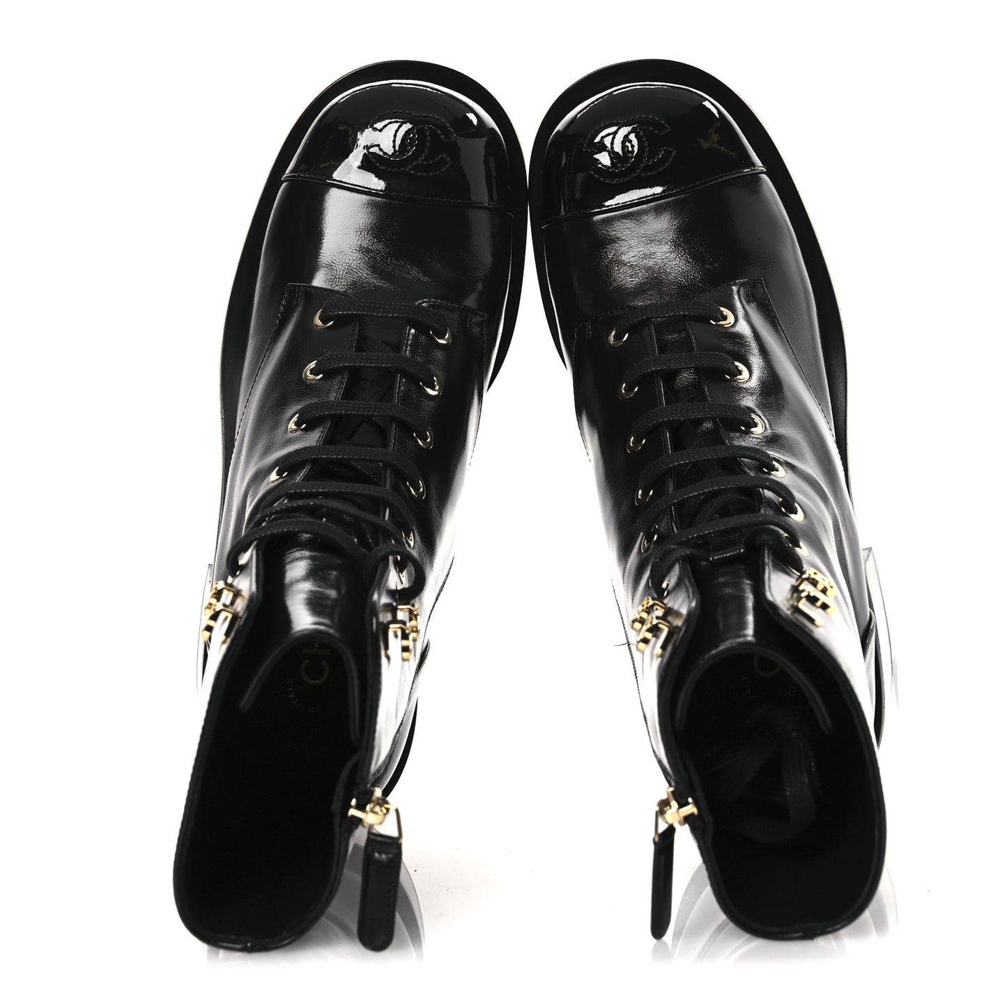 Shiny Calfskin Patent Cap Toe Lace Up Combat Boots 38 Black