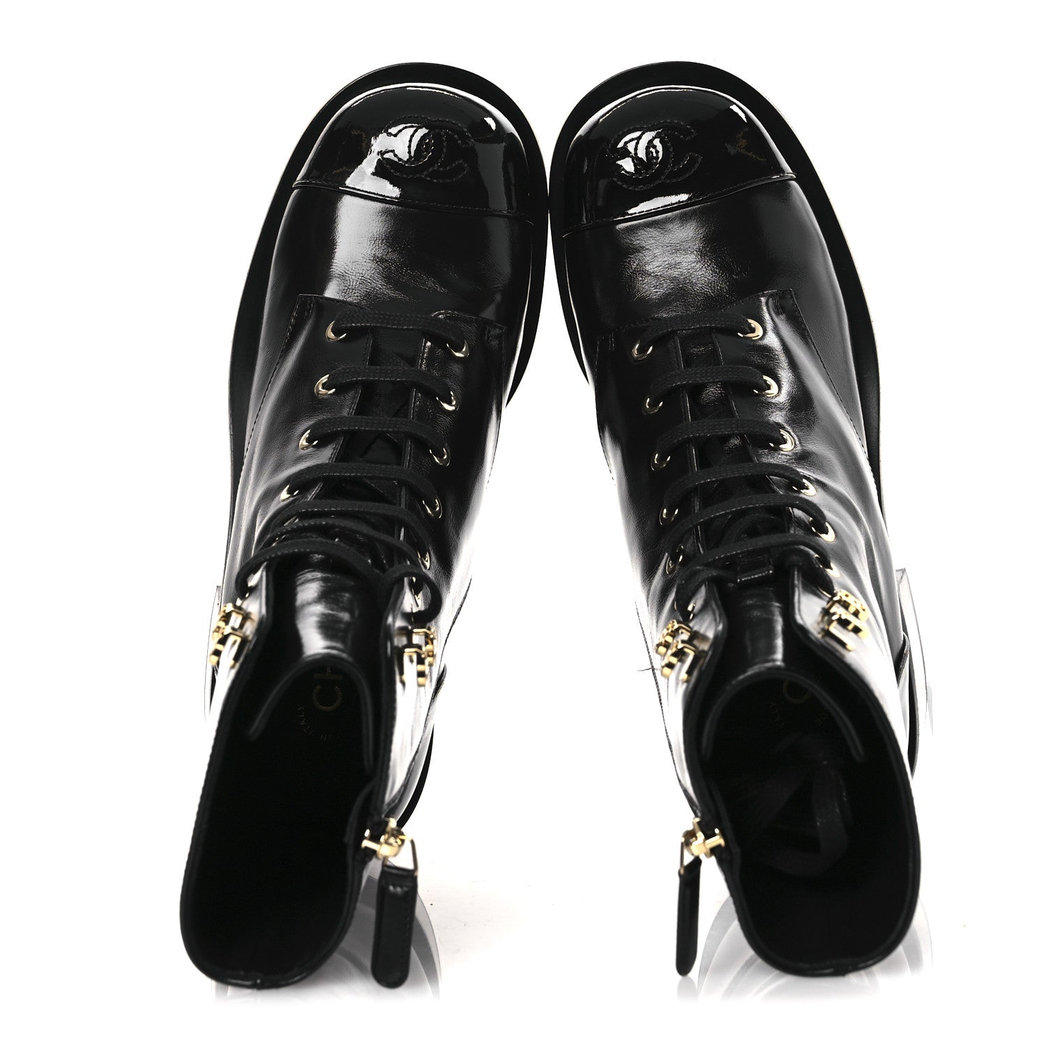 Chanel Shiny Calfskin Patent Cap Toe Lace Up Combat Boots 38 Black 2 of 12
