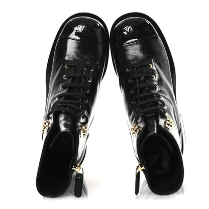 Chanel Shiny Calfskin Patent Cap Toe Lace Up Combat Boots 38 Black 2 of 12