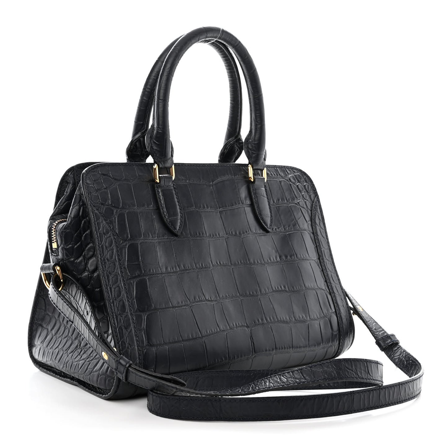 Calfskin Crocodile Embossed Small Skull Padlock Zip Around Tote Navy Blue