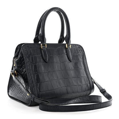 Alexander McQueen Calfskin Crocodile Embossed Small Skull Padlock Zip Around Tote Navy Blue 3 of 10