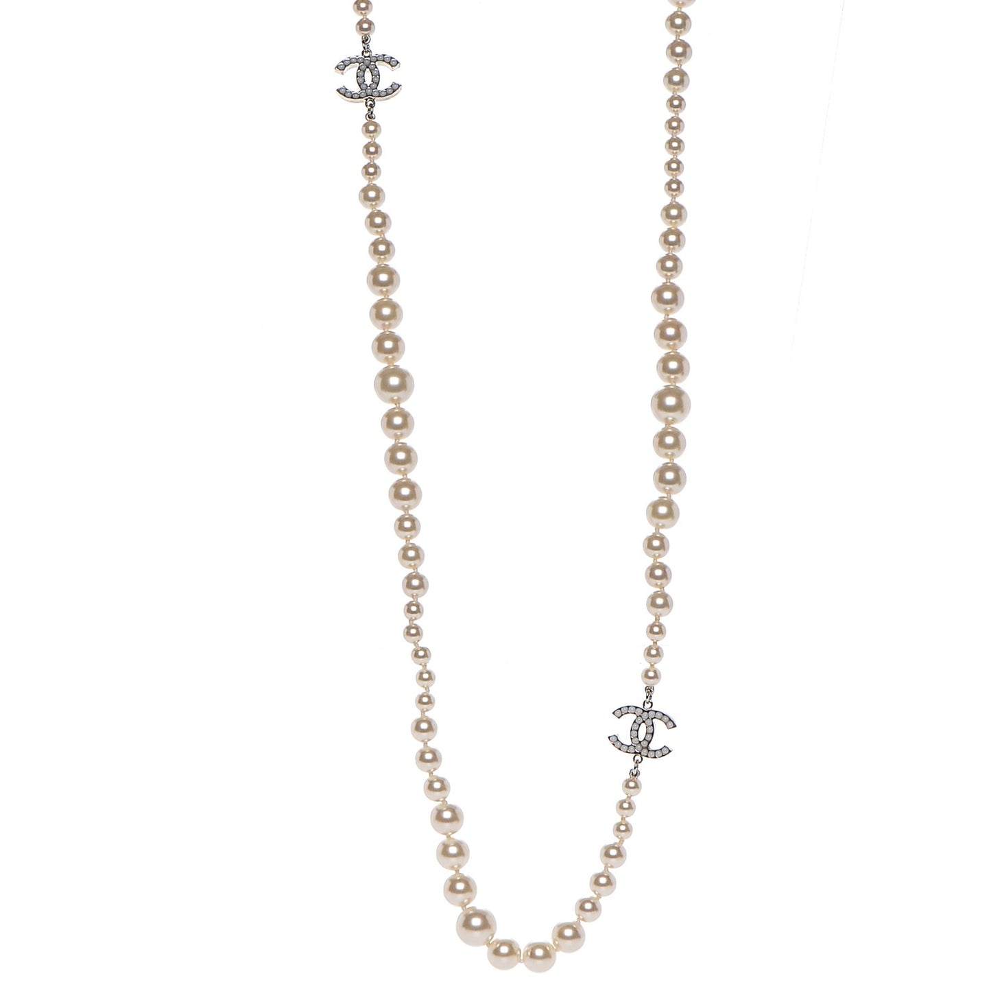 Graduated Pearl CC Long Necklace Silver