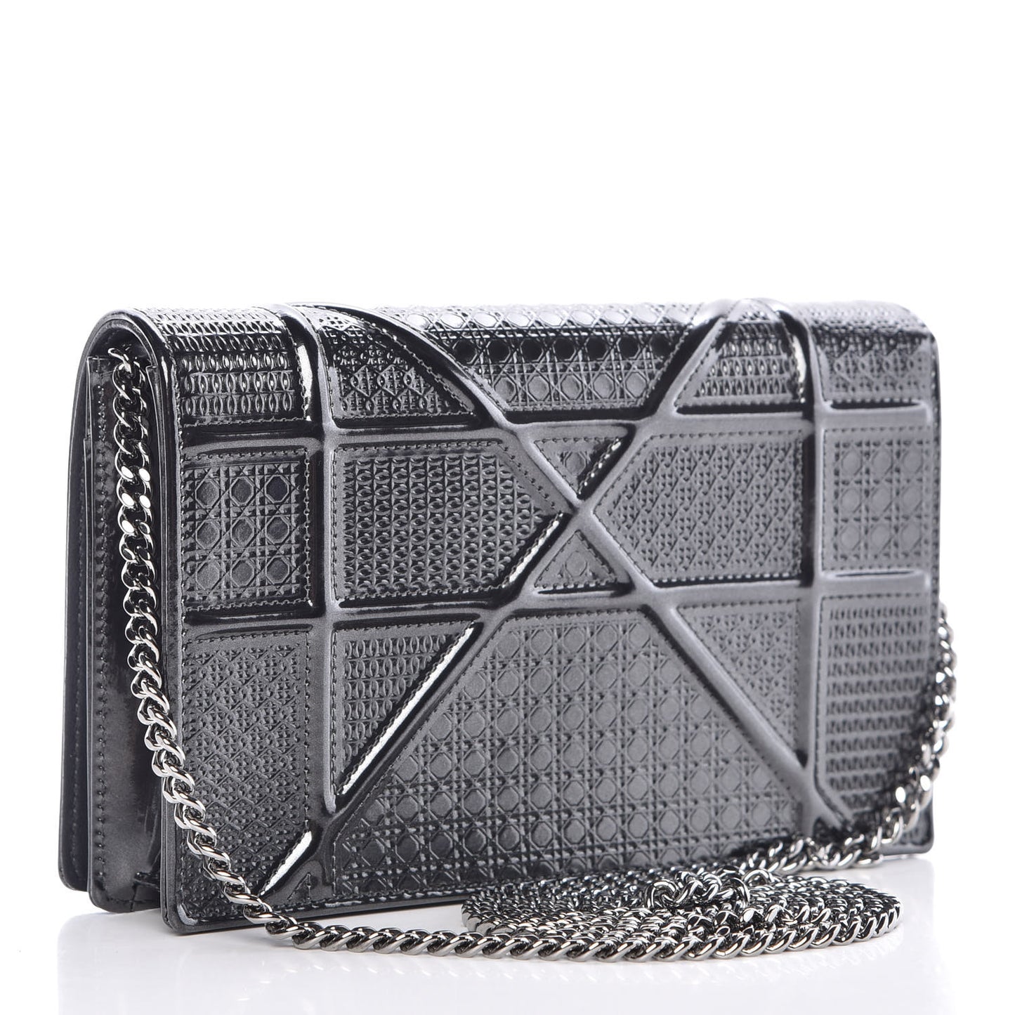 Metallic Patent Micro-Cannage Diorama Wallet on Chain Pouch Black