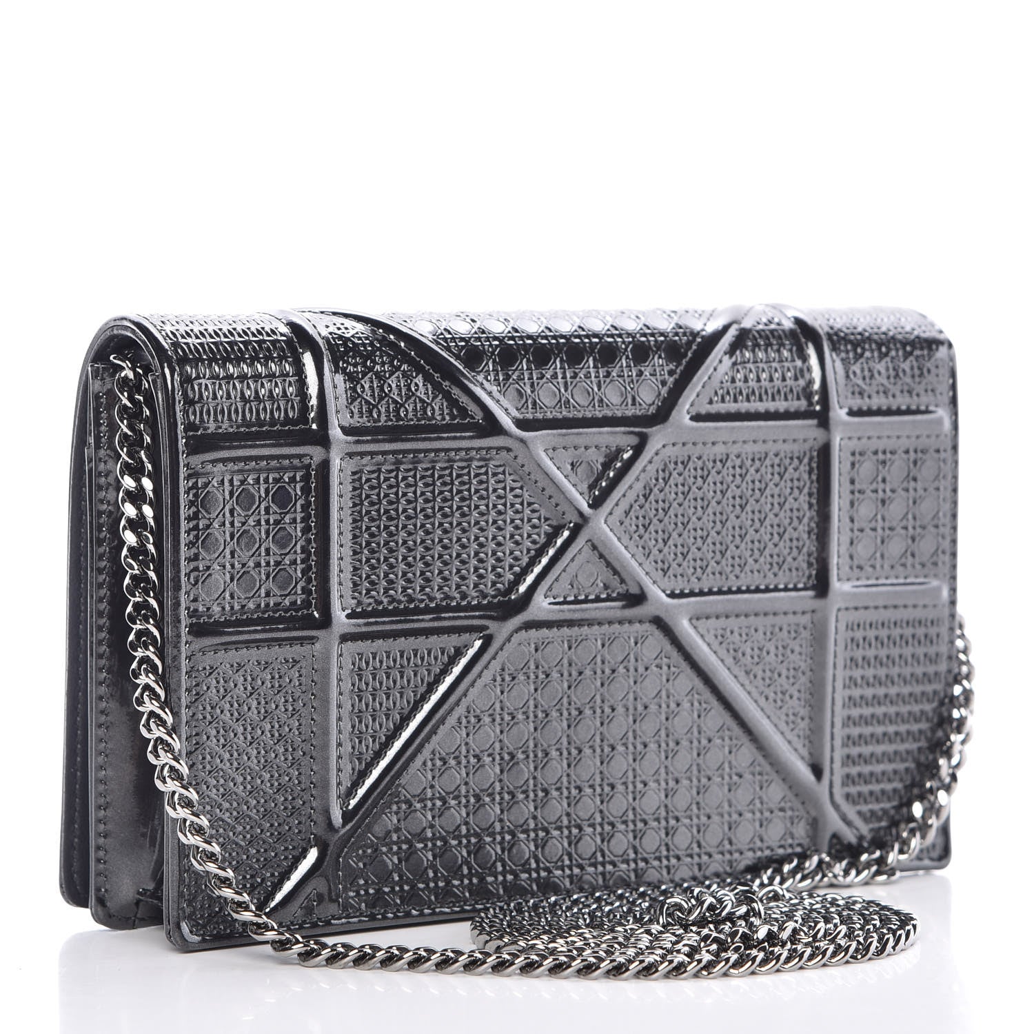 Christian Dior Metallic Patent Micro-Cannage Diorama Wallet on Chain Pouch Black 3 of 9