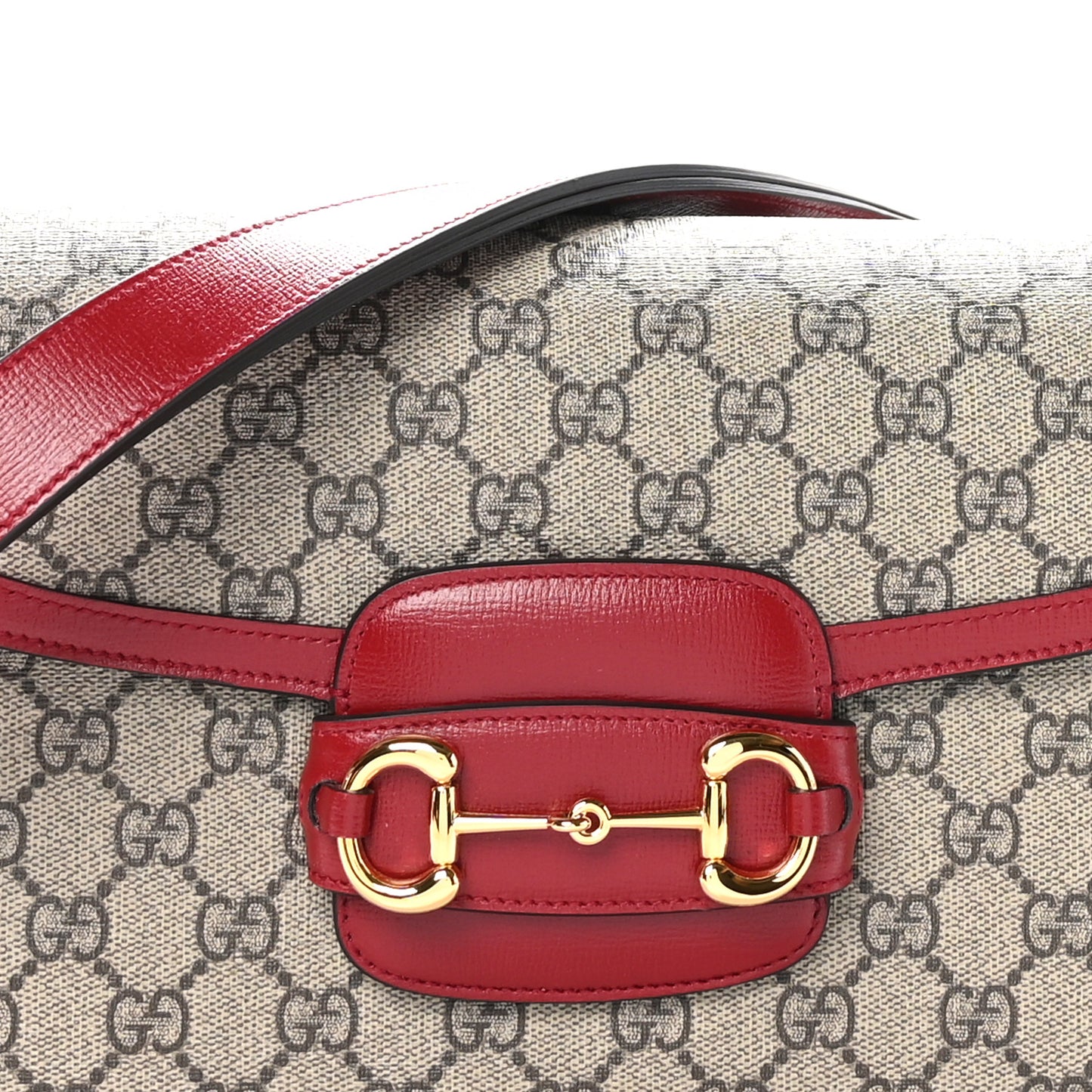GG Supreme Monogram Azalea Calfskin Horsebit 1955 Shoulder Bag Beige Ebony New Cherry Red