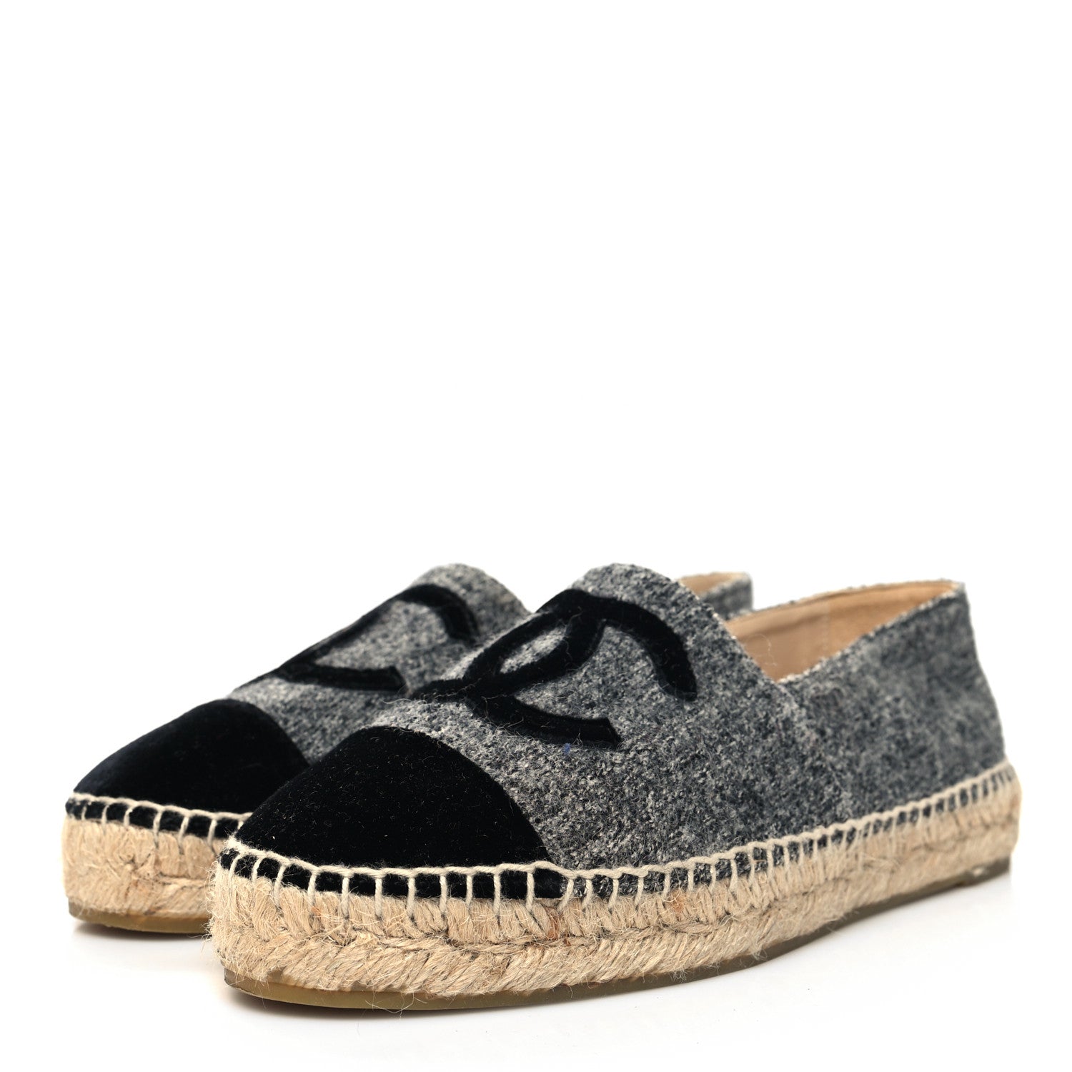 Chanel Tweed Velvet CC Espadrilles 38 Grey Black 2 of 9