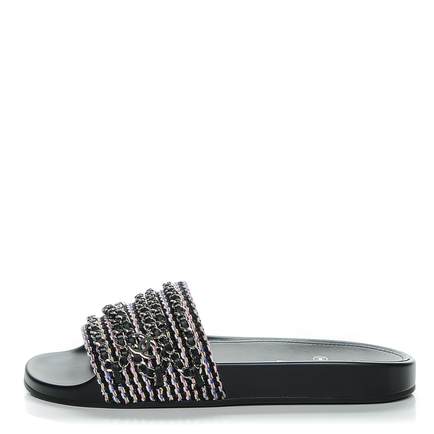 Tweed Lambskin Chain Flat Sandals 40 Black Multicolor
