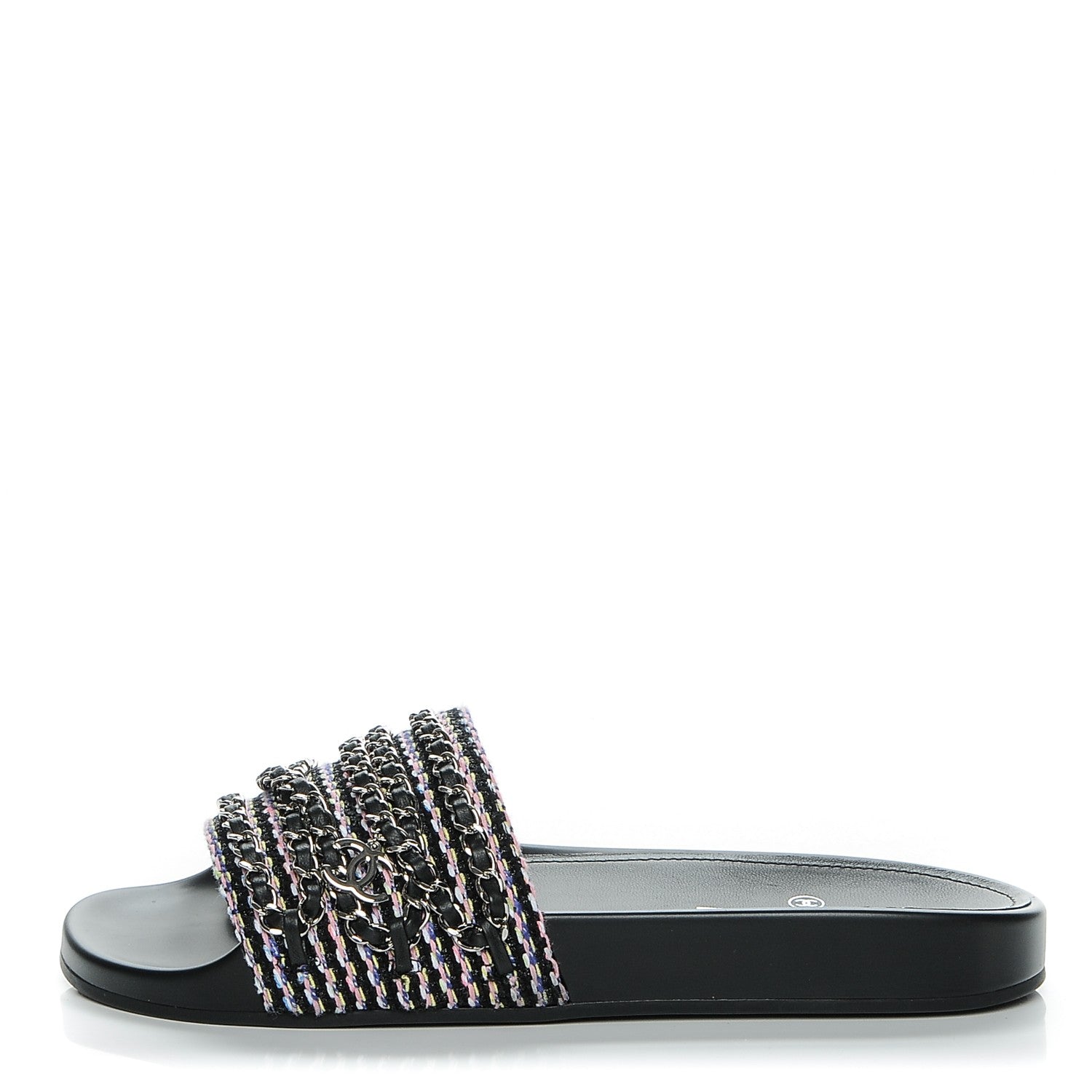 Chanel Tweed Lambskin Chain Flat Sandals 40 Black Multicolor 1 of 7