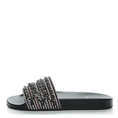Chanel Tweed Lambskin Chain Flat Sandals 40 Black Multicolor 1 of 7