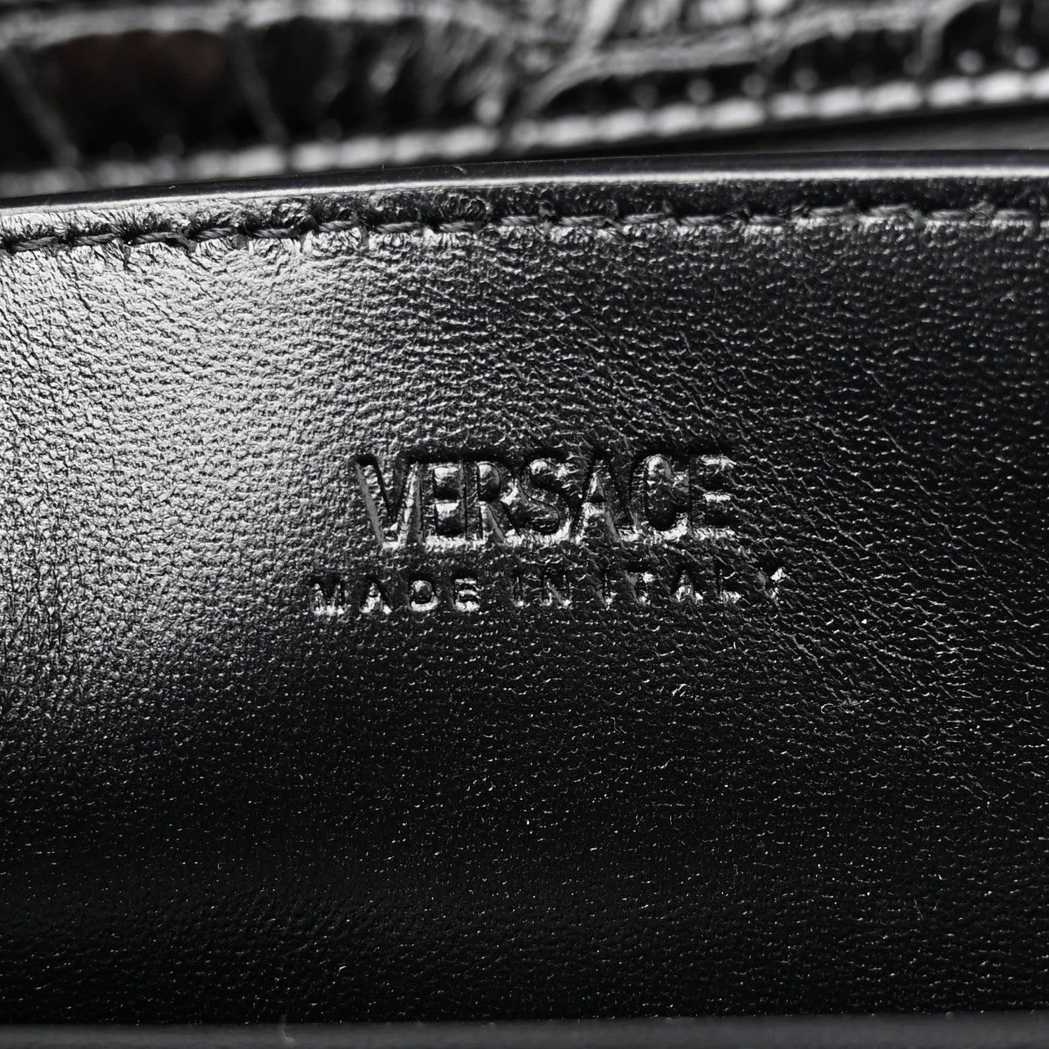 Versace Calfskin Crocodile Embossed Greca Goddess Top Handle Bag Black 6 of 11