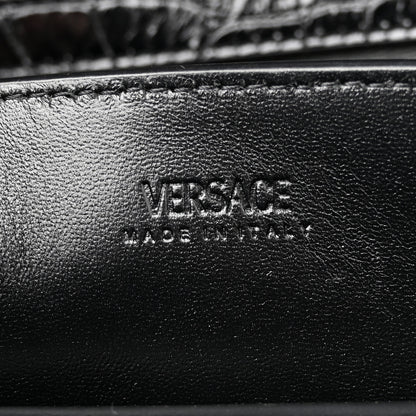 Versace Calfskin Crocodile Embossed Greca Goddess Top Handle Bag Black 6 of 11