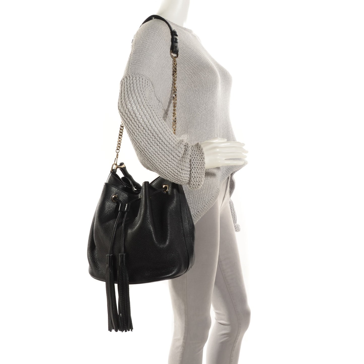 Pebbled Calfskin Miss Bamboo Bucket Bag Black